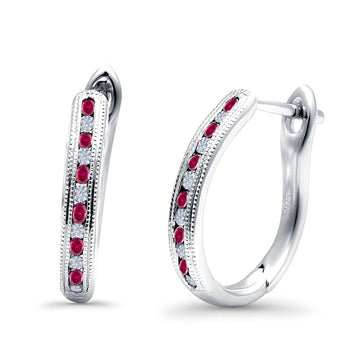 Half Eternity Hoop Earrings Round Simulated Ruby Cubic Zirconia 925 Sterling Silver (14mm)